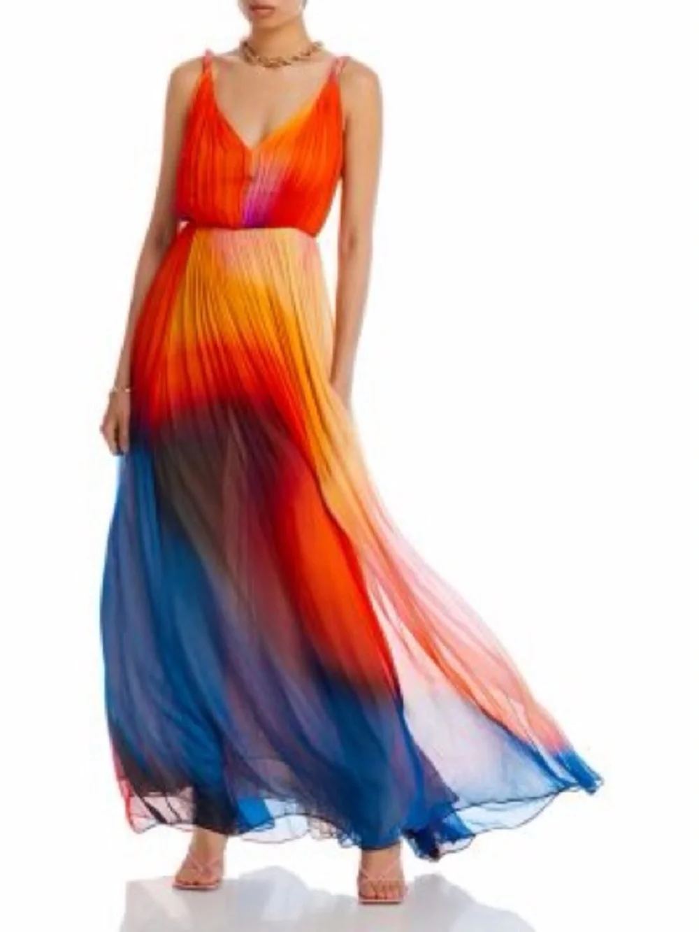HALSTON Stacia Crinkle Chiffon A-Line Watercolor Ombre Chiffon Maxi Dress